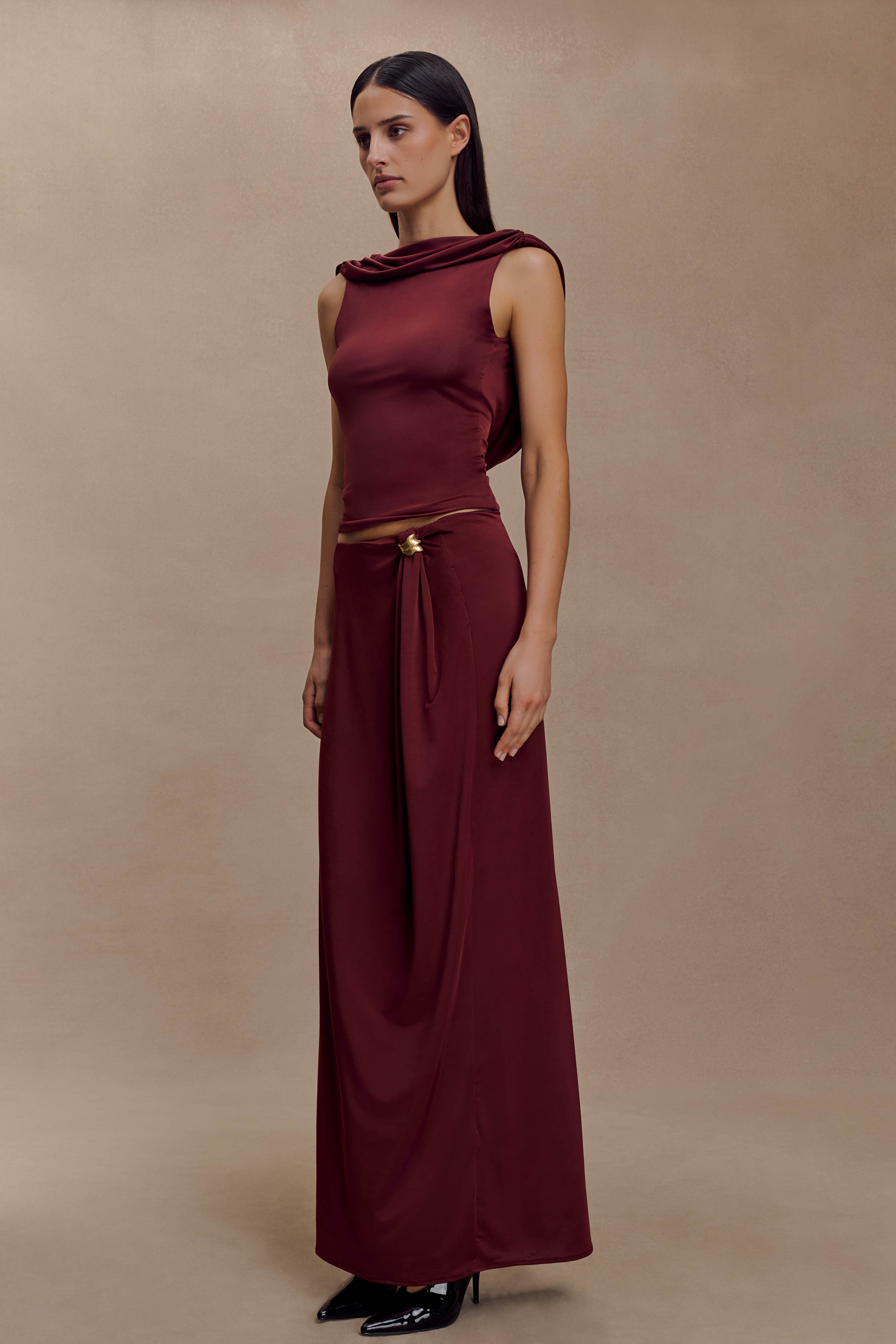 Bridget Slinky Maxi Skirt With Hardware - Burgundy