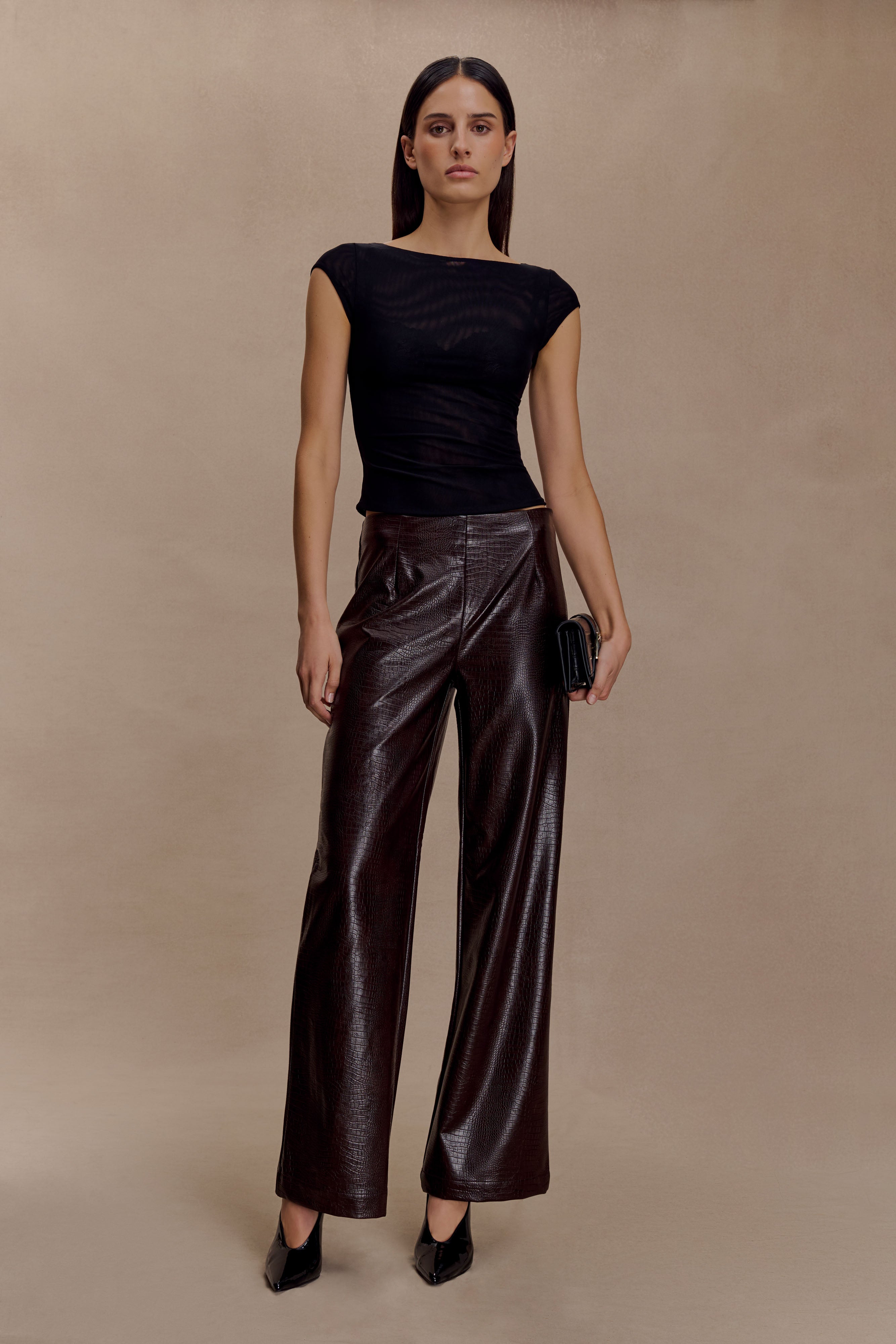 Henry Croc Faux Leather Straight Leg Pants - Dark Chocolate