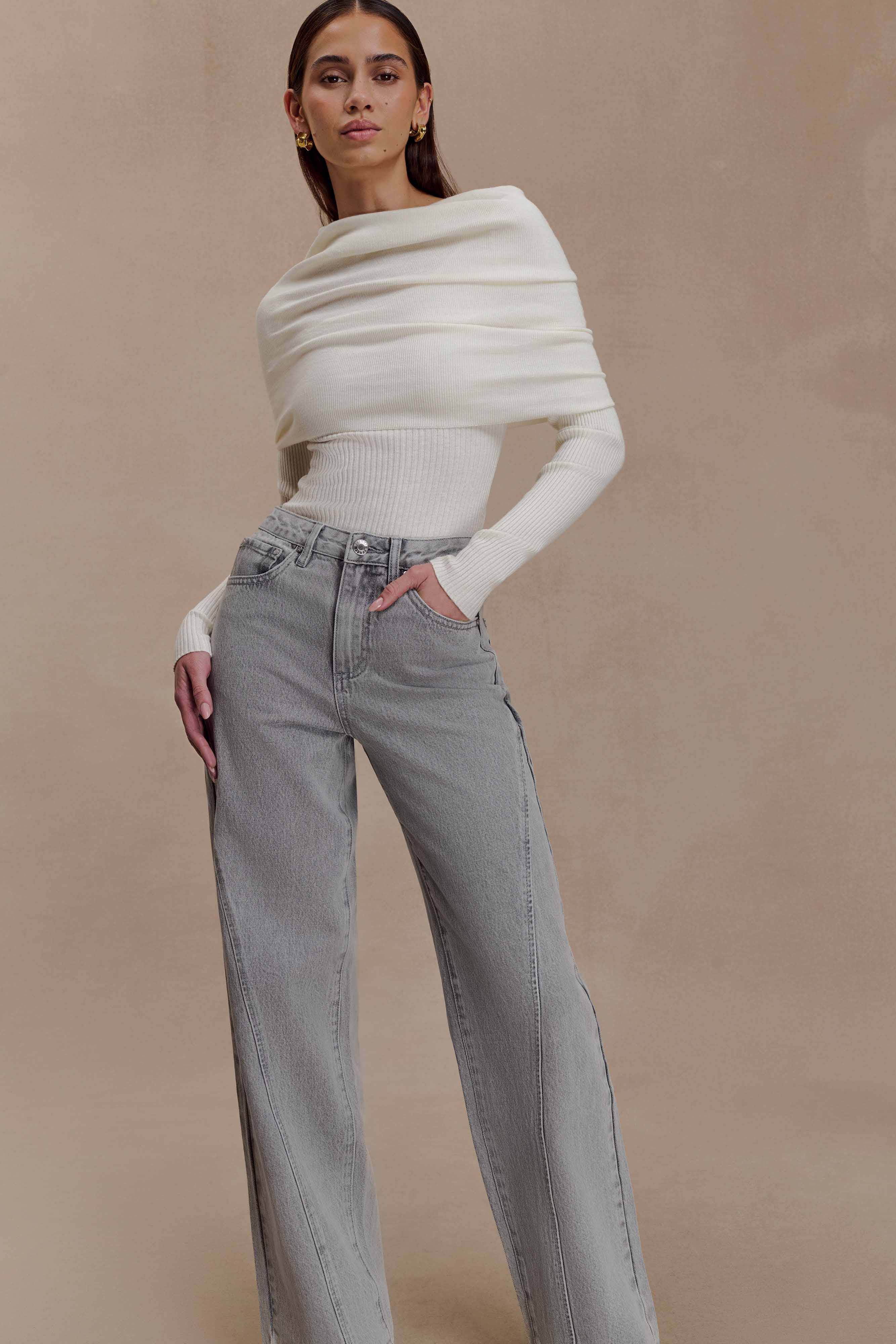 Mazie Asymetrical Cashmere Blend Long Sleeve Knit Top - Ivory