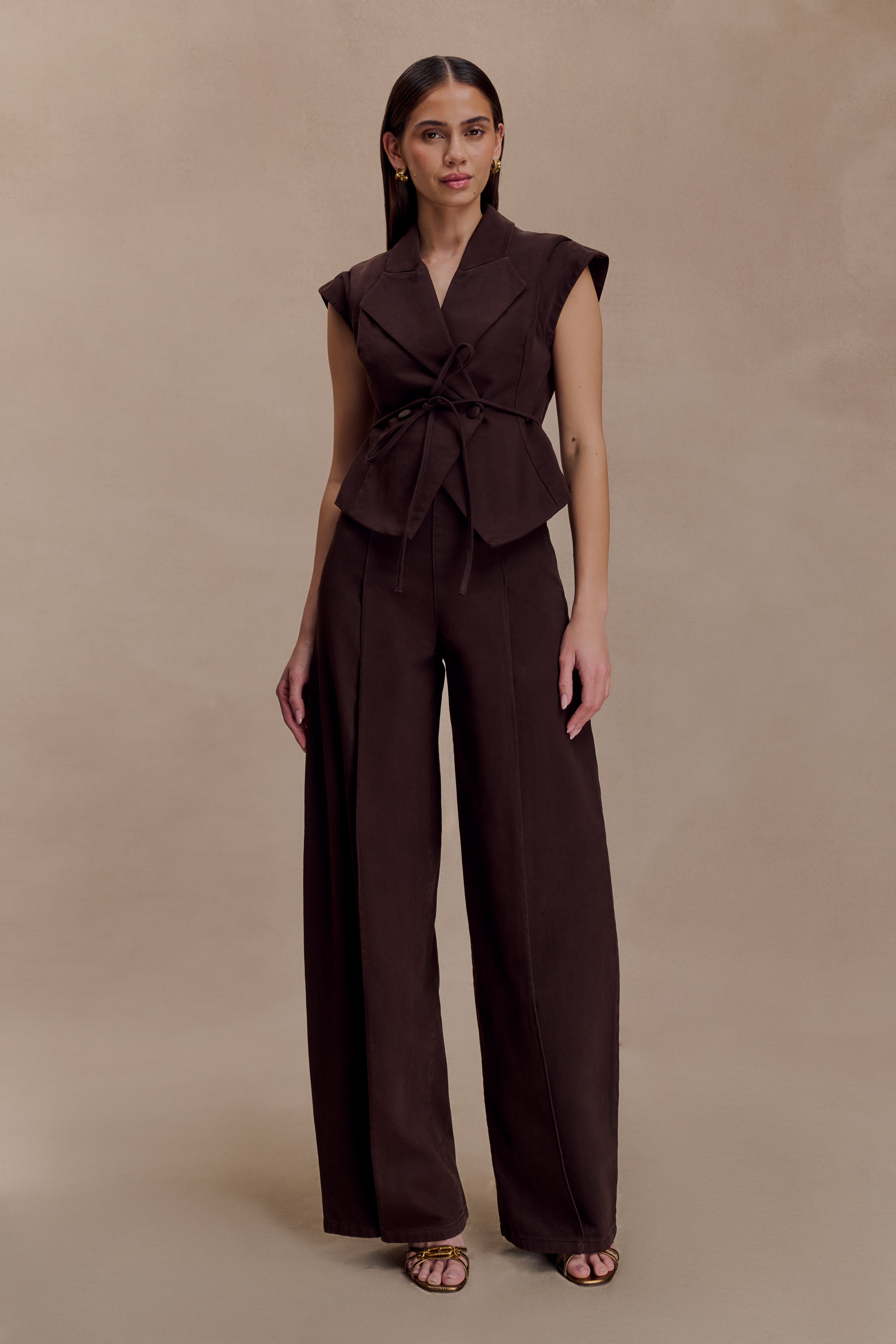 Charley Structured Tie Denim Top - Chocolate