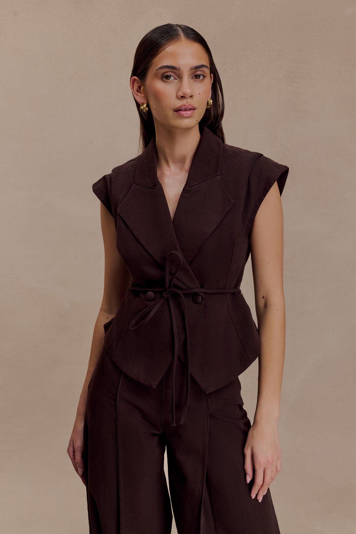 Charley Structured Tie Denim Top - Chocolate