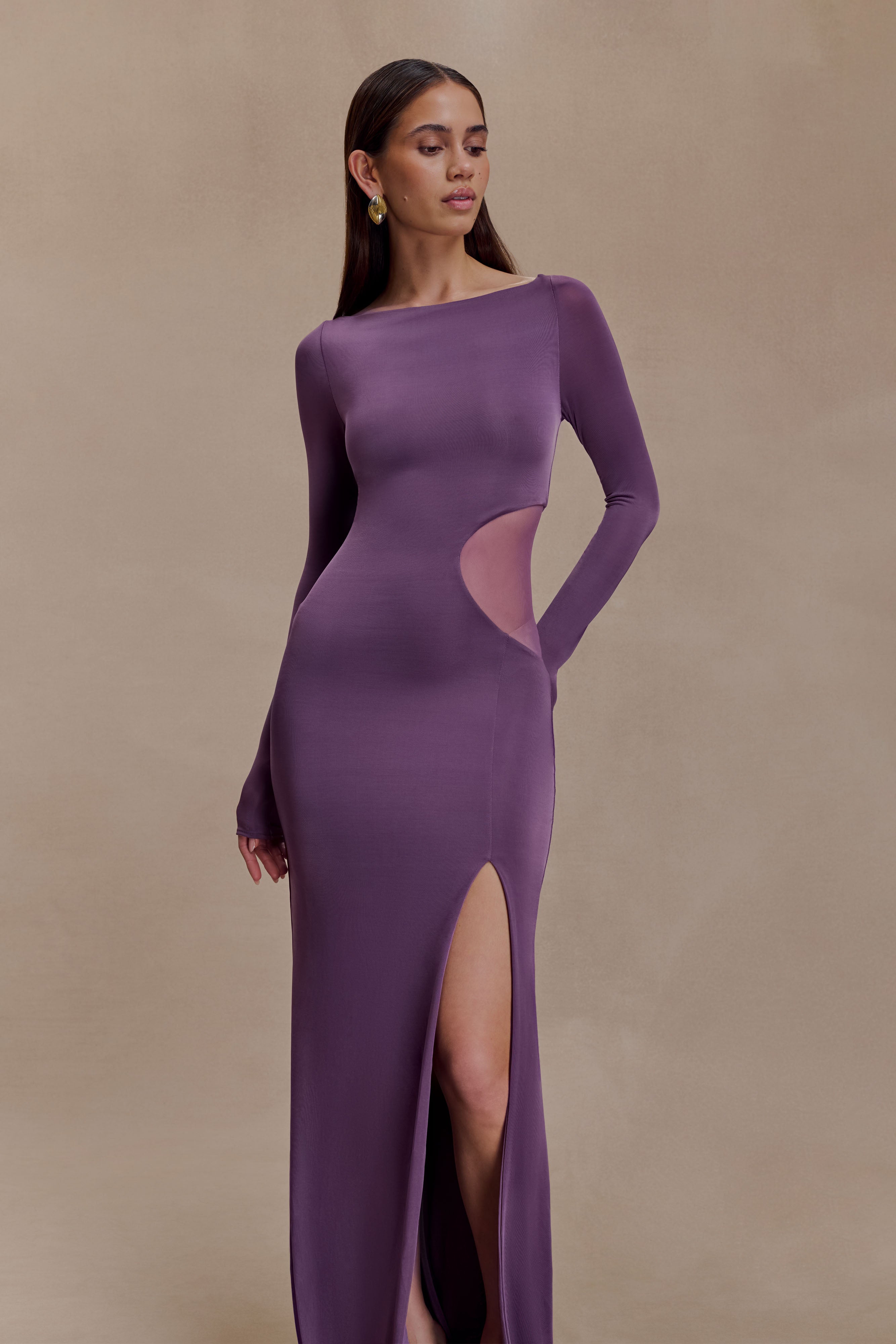 Megan Slinky And Mesh Maxi Dress - Purple