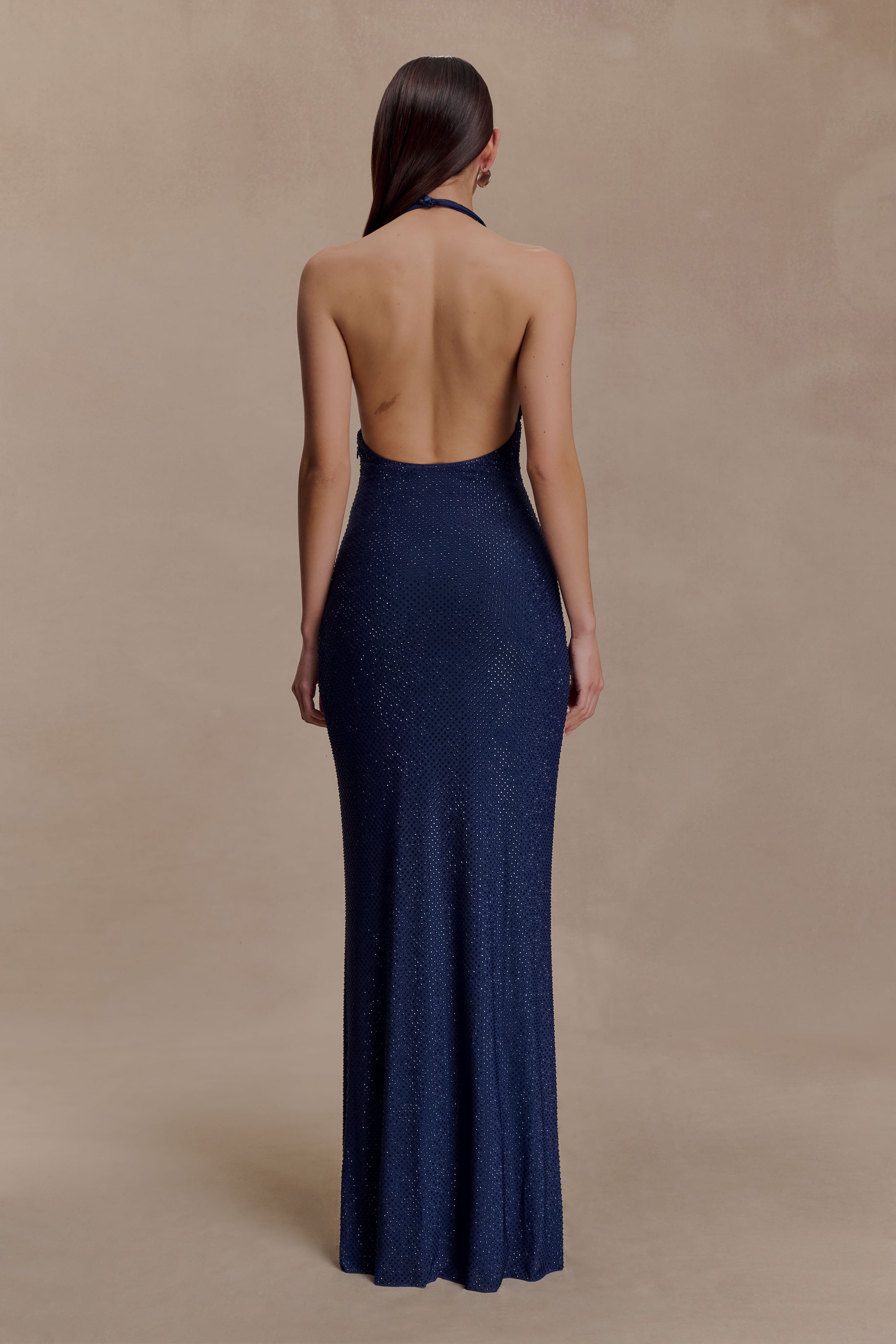 Harriet Halter Neck Diamante Maxi Dress - Navy