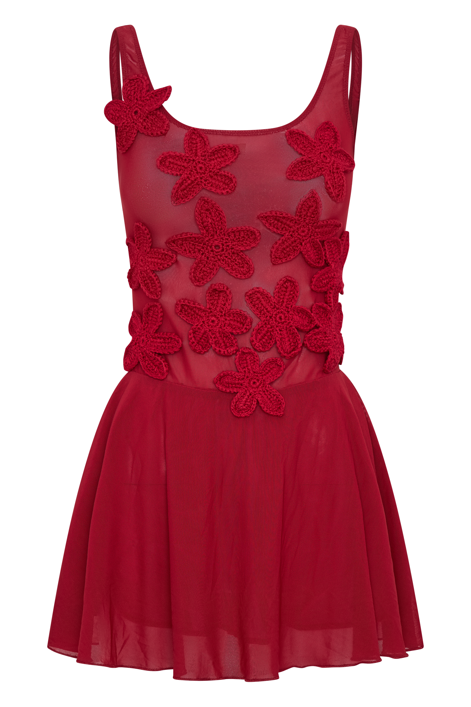 Melanie Mesh Mini Dress With Flowers - Ruby
