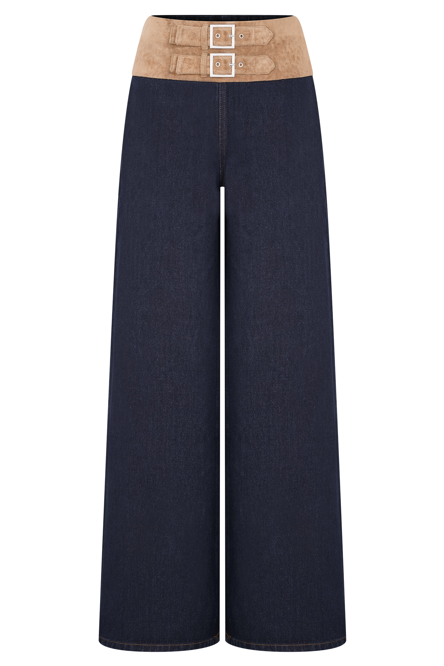 Miranda Faux Suede Belted Denim Wide Leg Jeans - Indigo Blue